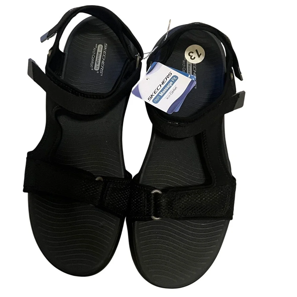 Skechers Sandals Mens 13 Black New Massage Fit Arch Comfort Hyper Burst